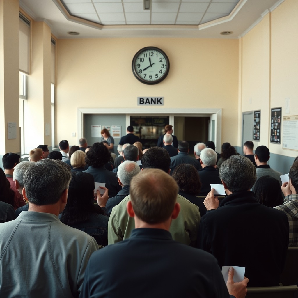 A crowded bank waiting area with people holding numbered paper tickets under fluorescent light