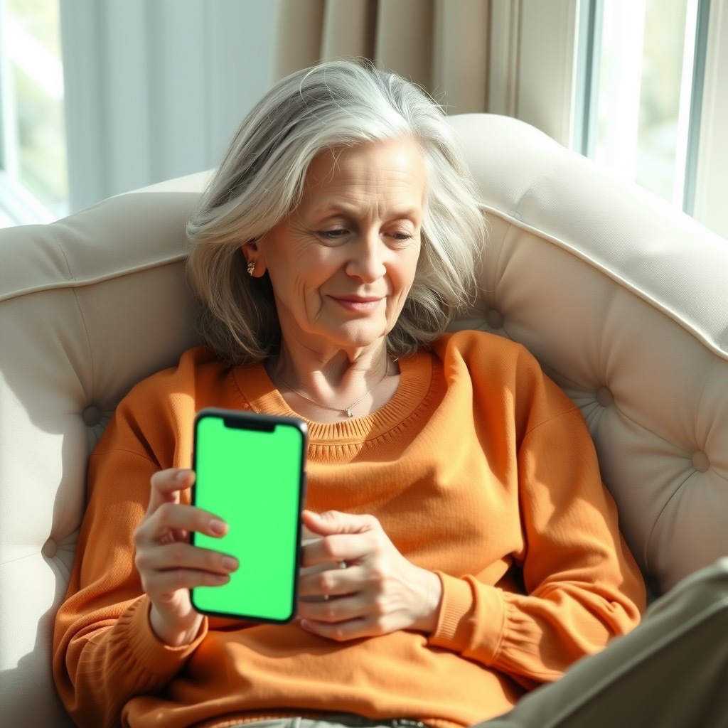 A relaxed woman on a sofa with morning coffee glancing at a simple balance on her phone