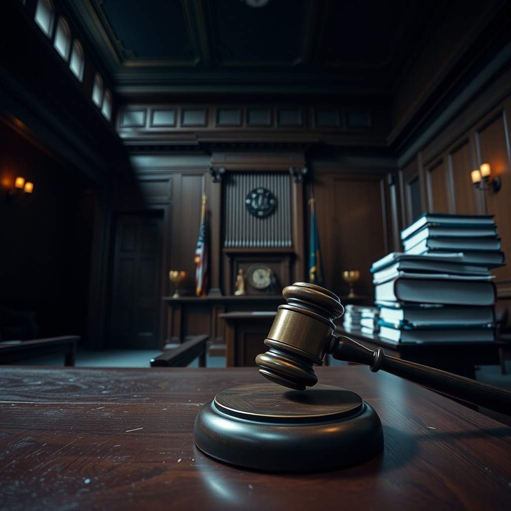 A courtroom with a gavel in the foreground and tall stacks of case folders in cold light