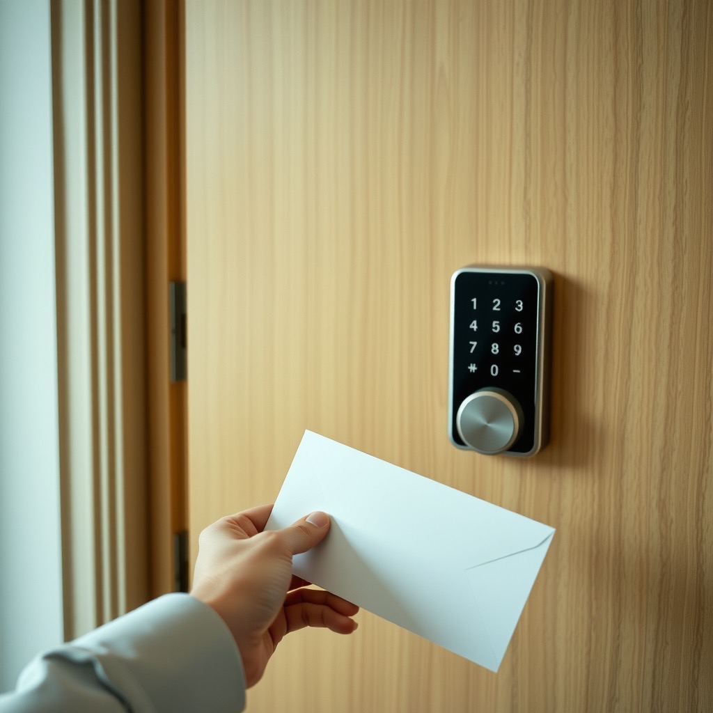 A modern apartment door with a keypad lock beside a hand receiving a clean white envelope