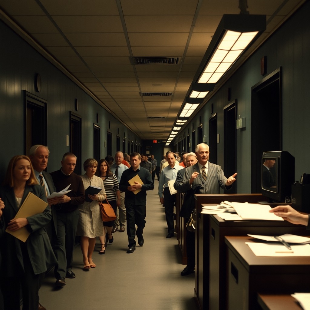 A dim office corridor where a queue of weary people hand papers and cash across many desks