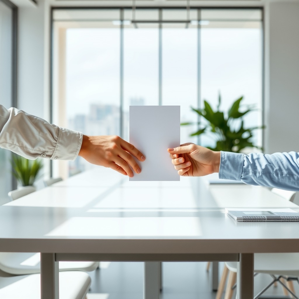 Two hands exchanging one clear document across a clean bright table