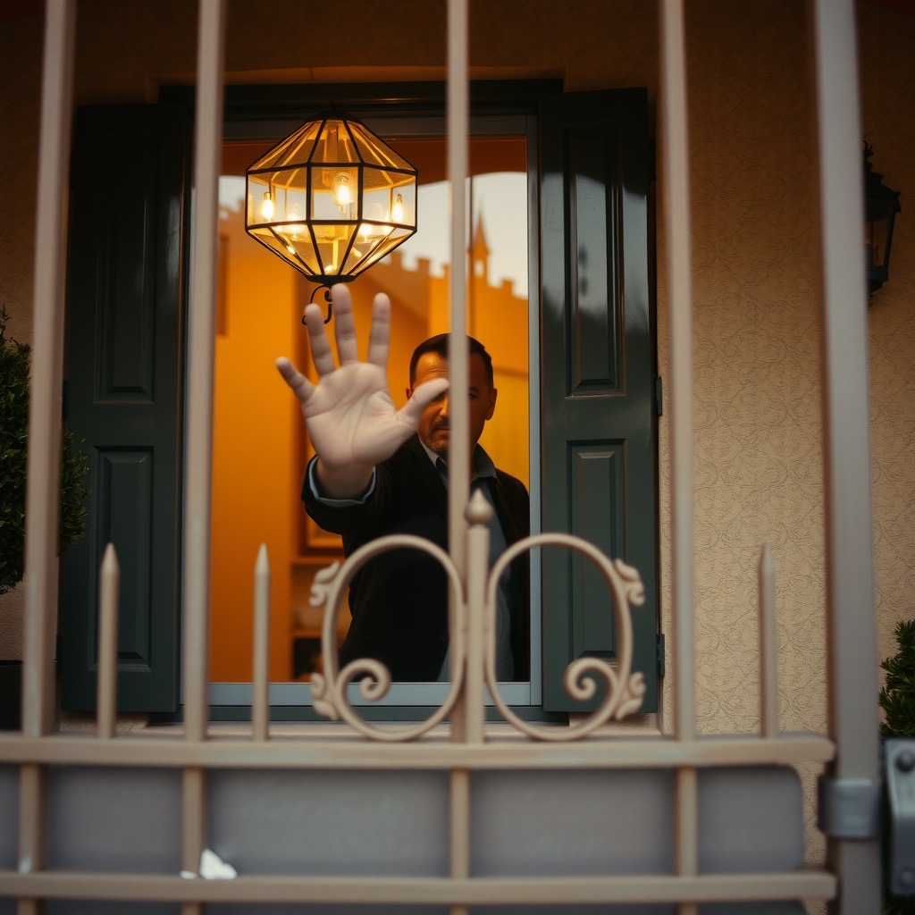 A man outside at dusk with his palm against the glass of a beautiful house behind a locked gate