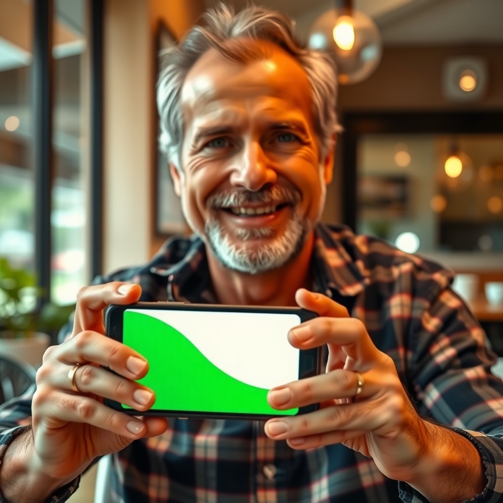 Hands holding a phone showing a simple green upward chart in a bright cafe