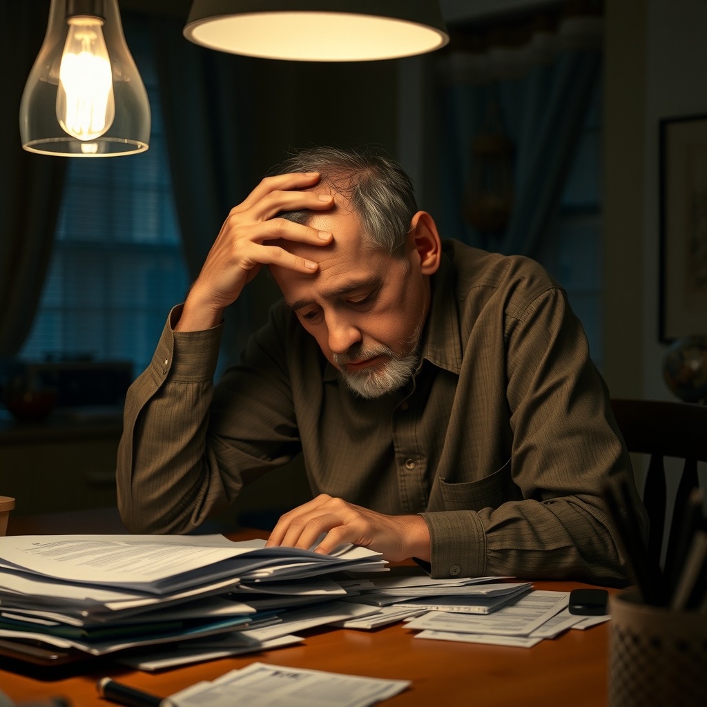A tired man at a kitchen table late at night, buried in paper bills under a dim lamp