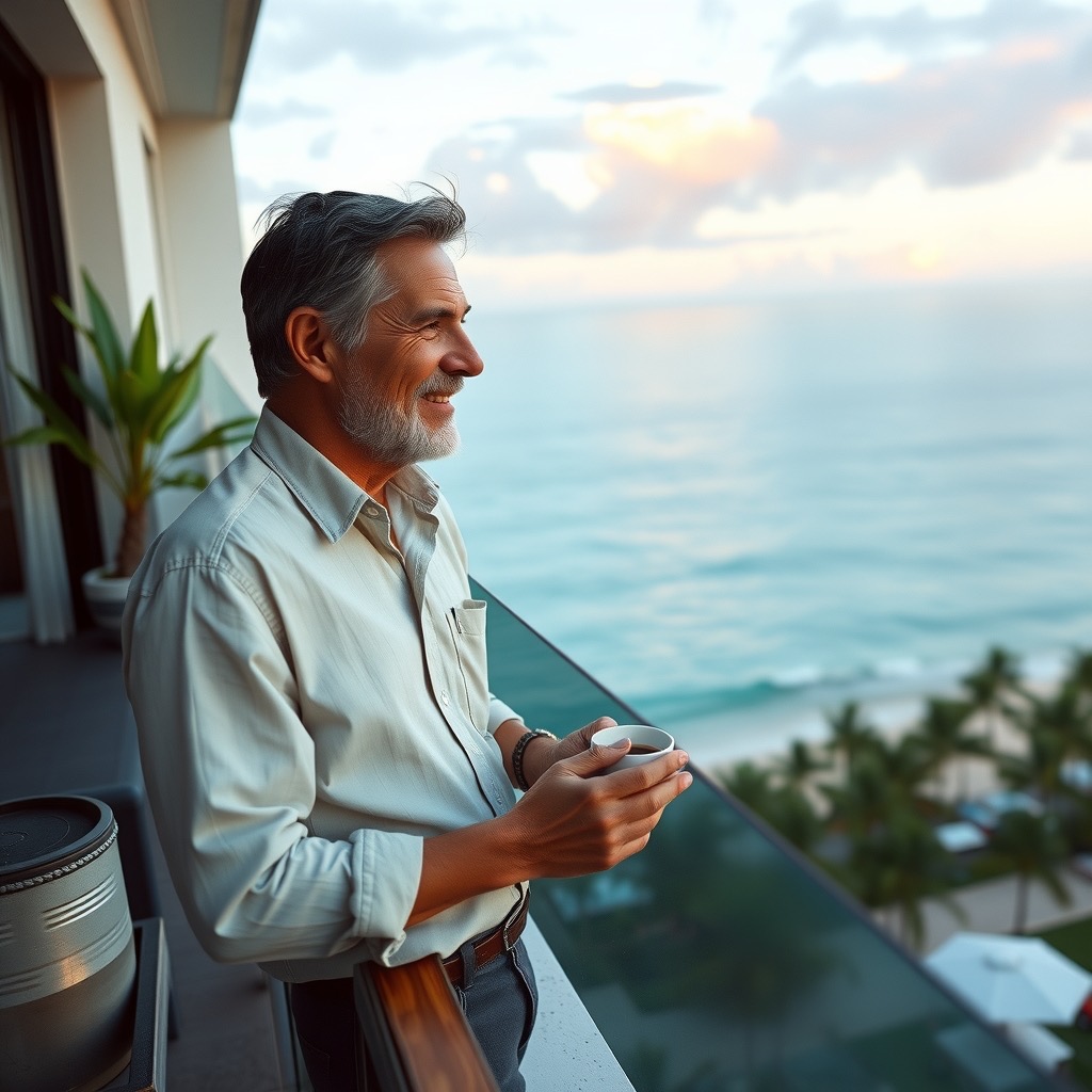 The same man relaxed on a condominium balcony at sunrise with the tropical sea below