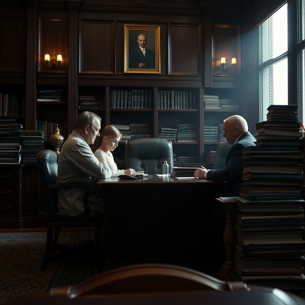 A grieving family in a dark law office across a desk stacked with legal files