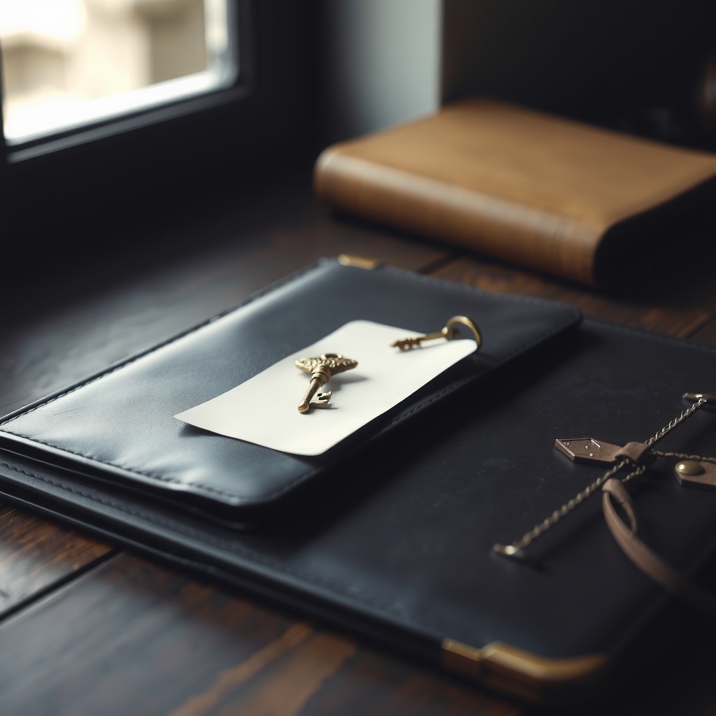 A single brass key with a paper tag on a dark wooden desk beside a deed folder