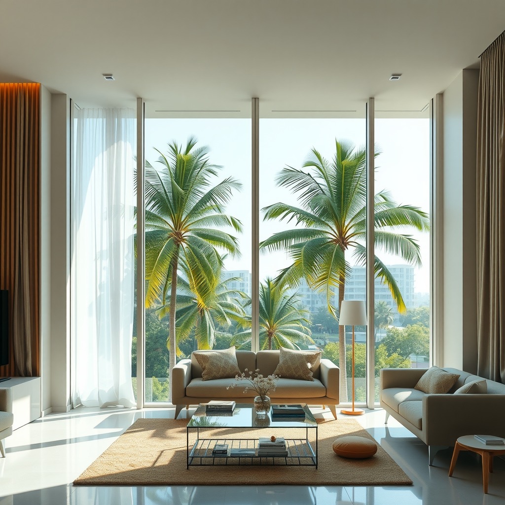 A bright condominium living room with tall glass panels showing different seasons of tropical light