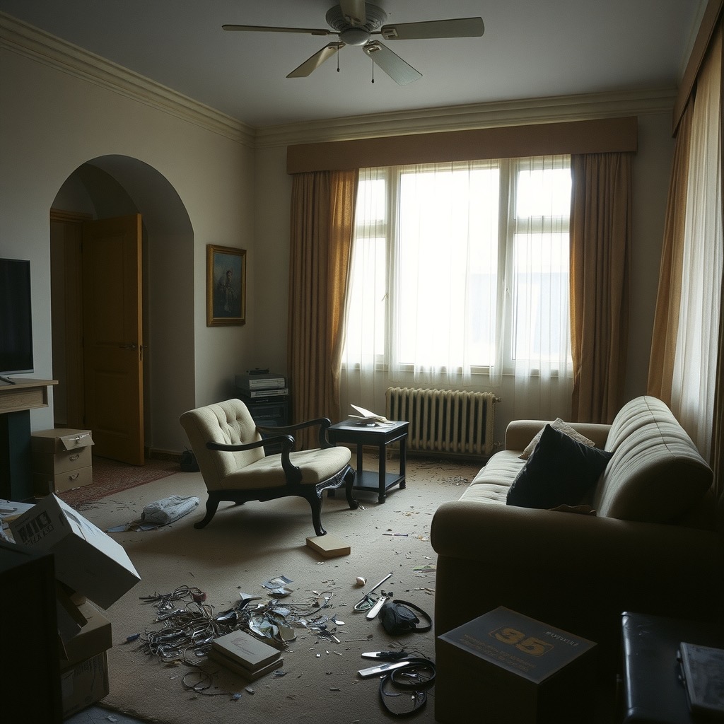 A neglected apartment living room with an overturned chair, stained sofa, and scattered trash