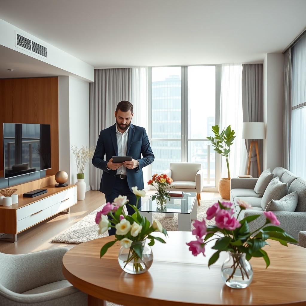 A pristine condominium living room with a professional manager calmly checking a tablet