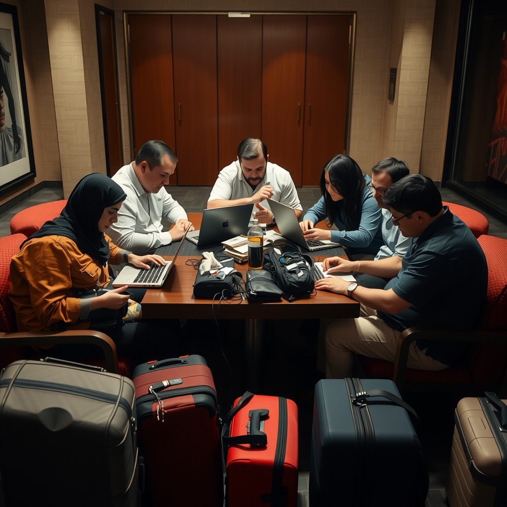 A stressed team with laptops and luggage crowded around a hotel lobby table