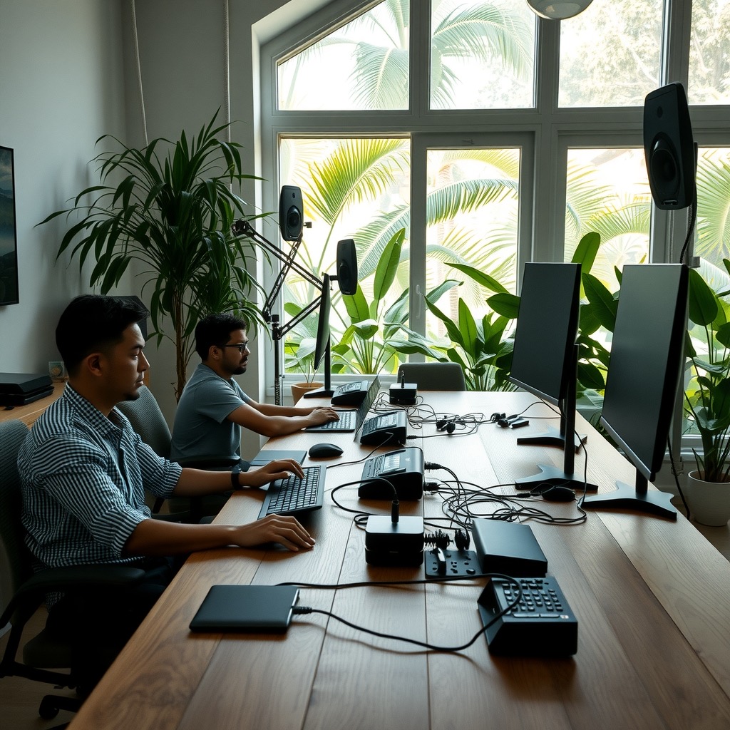 A calm team working at one long wooden table in a bright residence