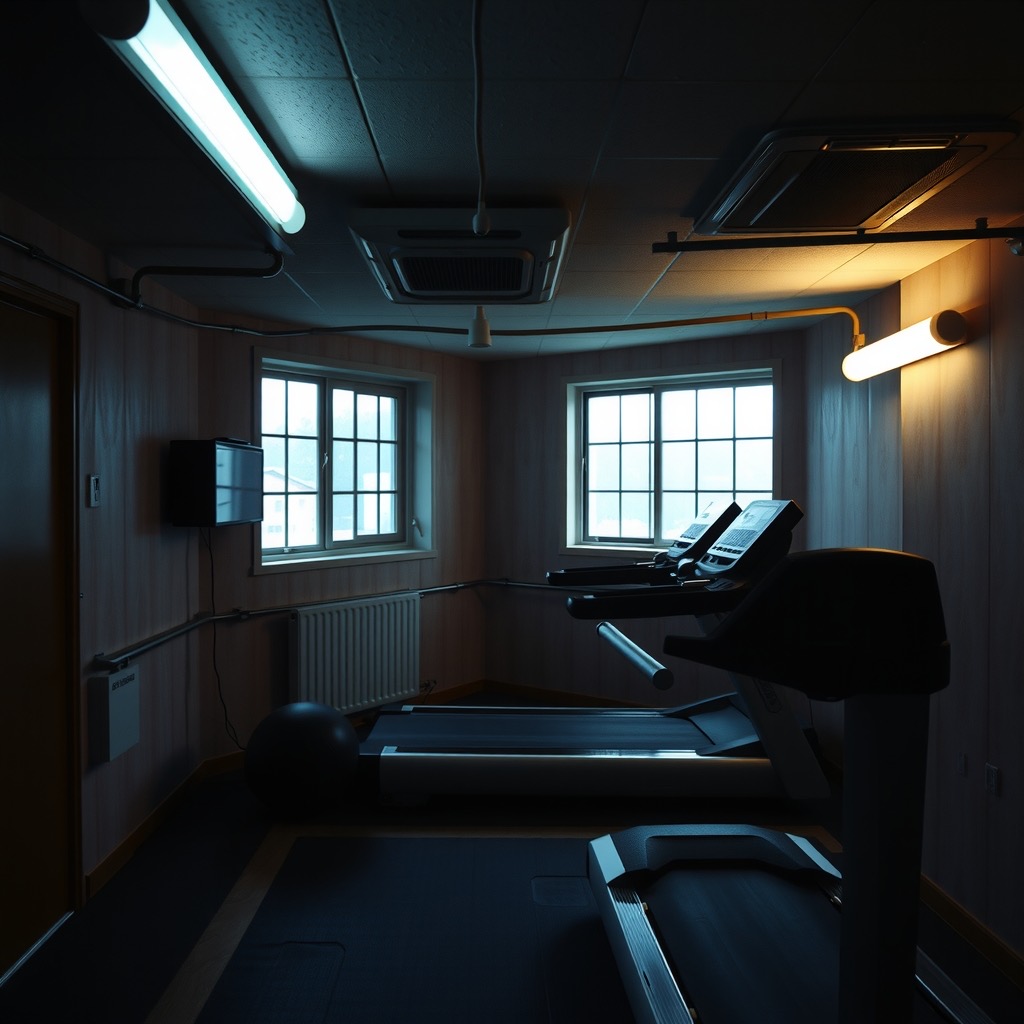 A dim windowless basement hotel gym with a single treadmill