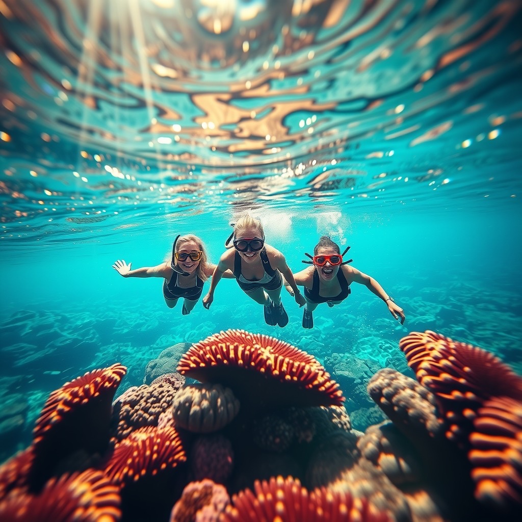 Coworkers snorkeling over a vivid coral reef in clear water