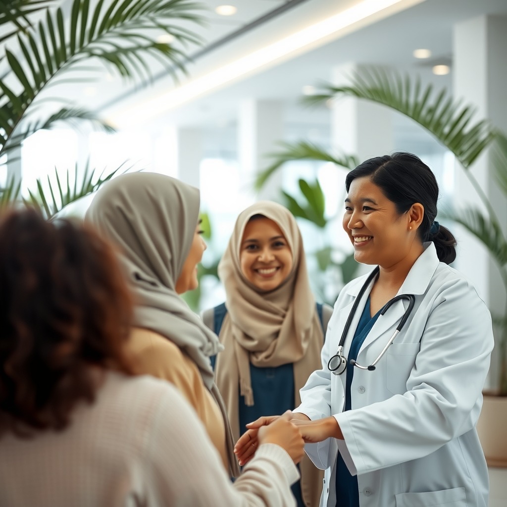 A Filipino doctor warmly greeting middle-eastern guests in a bright modern hospital lobby