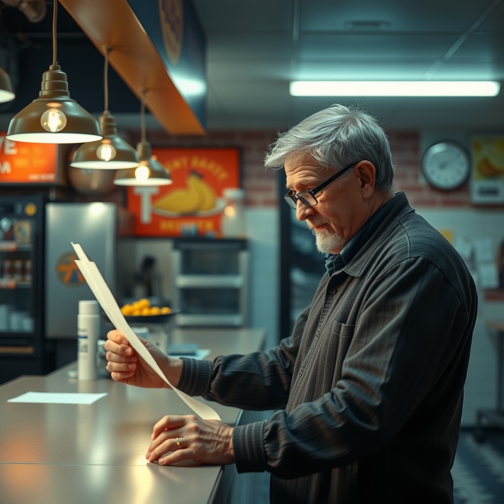 An older man staring at a long receipt at a kitchen counter