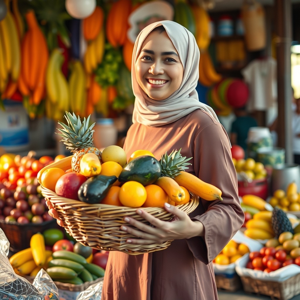 A smiling middle-eastern woman with a full fruit basket at a Philippine market stall