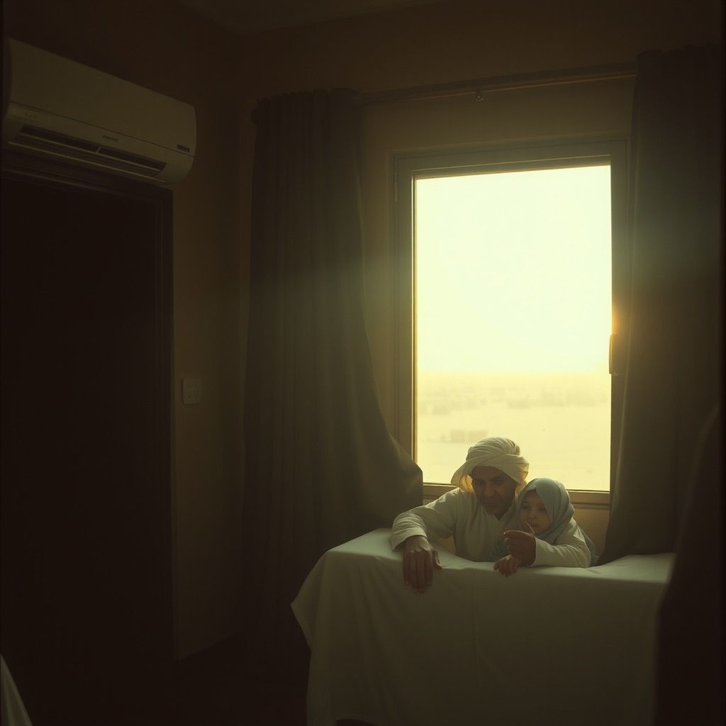 A weary family indoors behind sealed glass with harsh desert sun outside