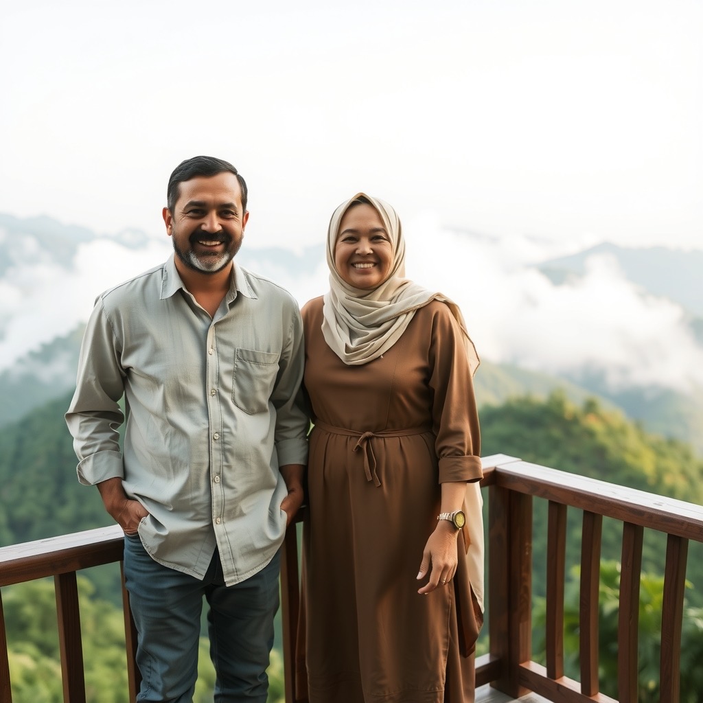 A happy middle-eastern couple on a misty green highland terrace with mountain views