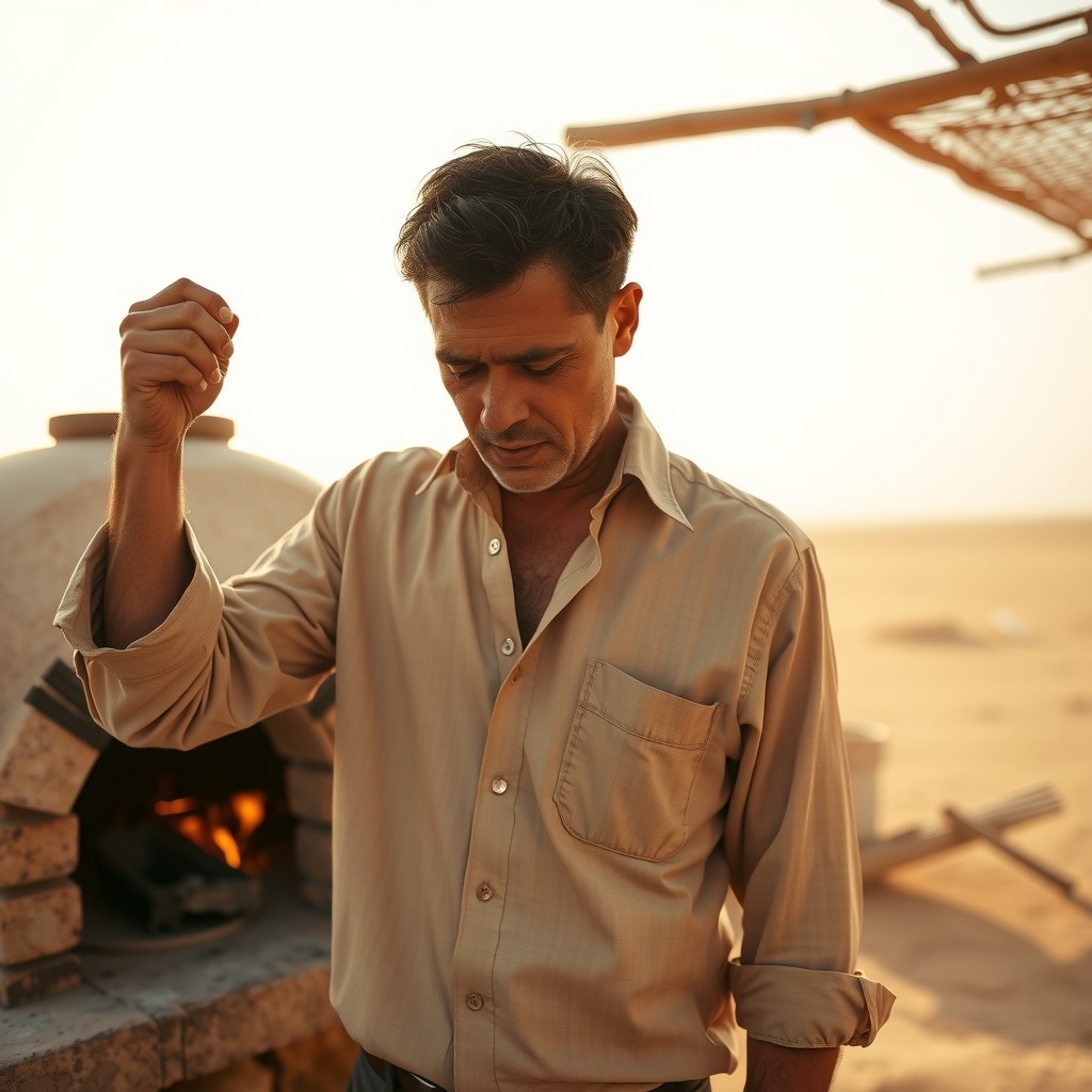 A man wiping his brow in fierce heat beside an outdoor clay oven under the desert sun
