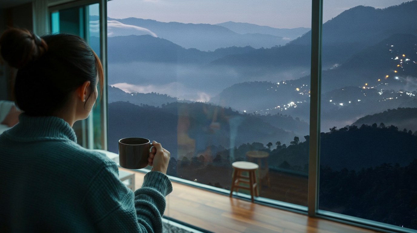 An owner alone with a warm mug, watching mist and scattered house lights settle over the Benguet ridges at dusk
