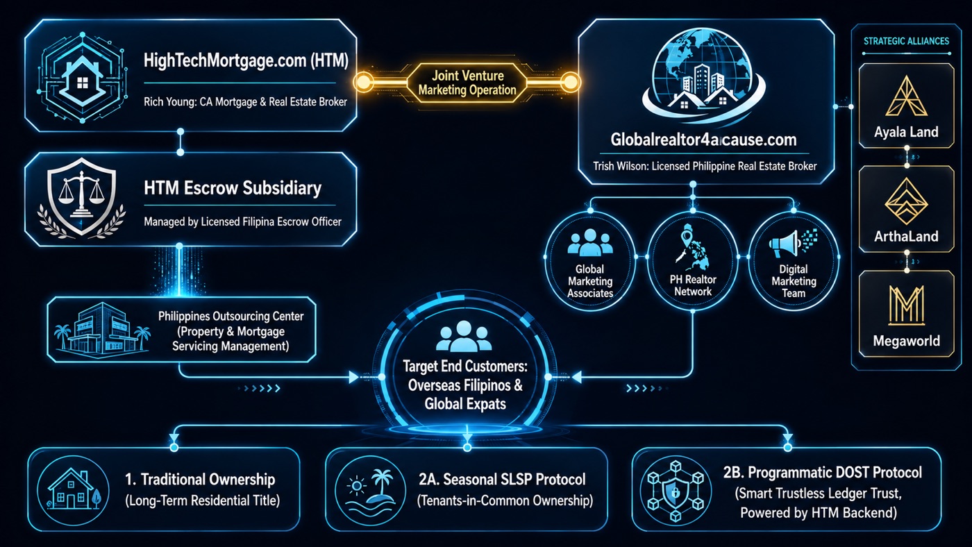 HTM-GRC corporate structure: HighTechMortgage core with escrow subsidiary and Philippines outsourcing center; Global Realtor 4 A Cause marketing engine with associate networks and developer alliances (Ayala Land, ArthaLand, Megaworld); funneling to overseas Filipino and global expat buyers through Traditional Ownership, Seasonal SLSP tenants-in-common, and Programmatic DAST ledger trust pathways