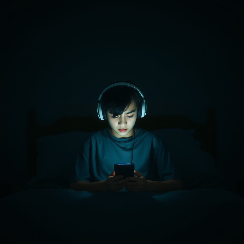 A teenager alone in a dark bedroom lit only by a phone screen