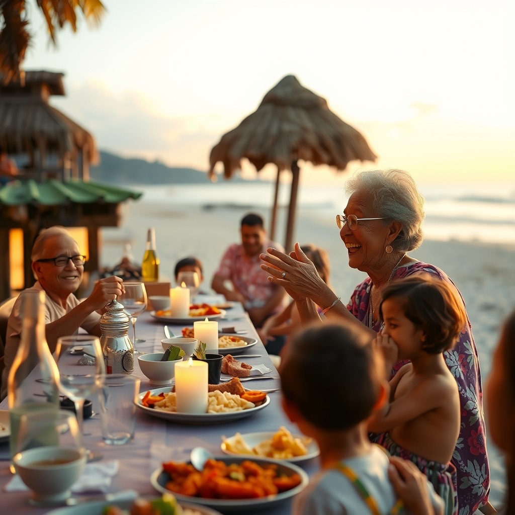 A multigenerational Filipino family dinner by the beach with a grandmother telling stories