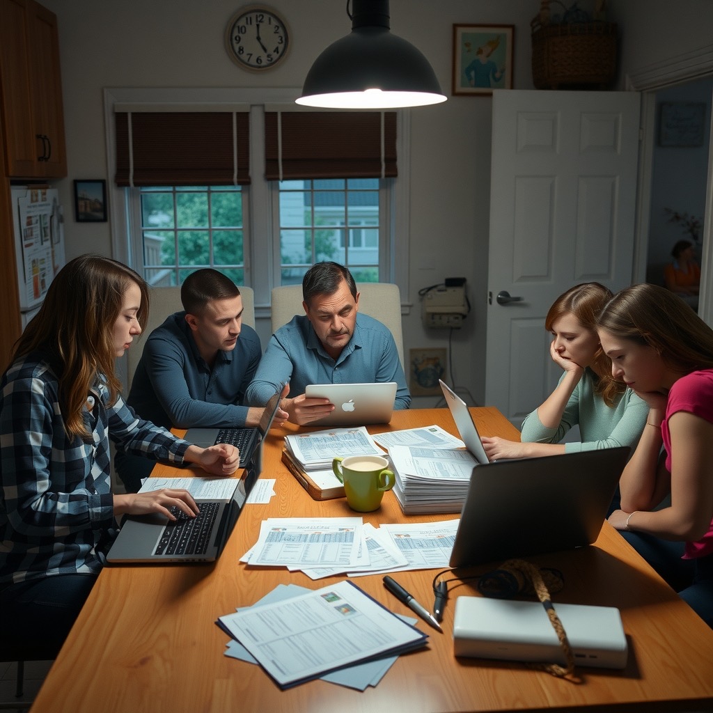 A stressed family around a kitchen table with laptops and rental listings