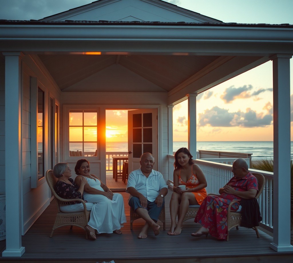 Three generations of a Filipino family relaxing on a wide beach house porch at sunset