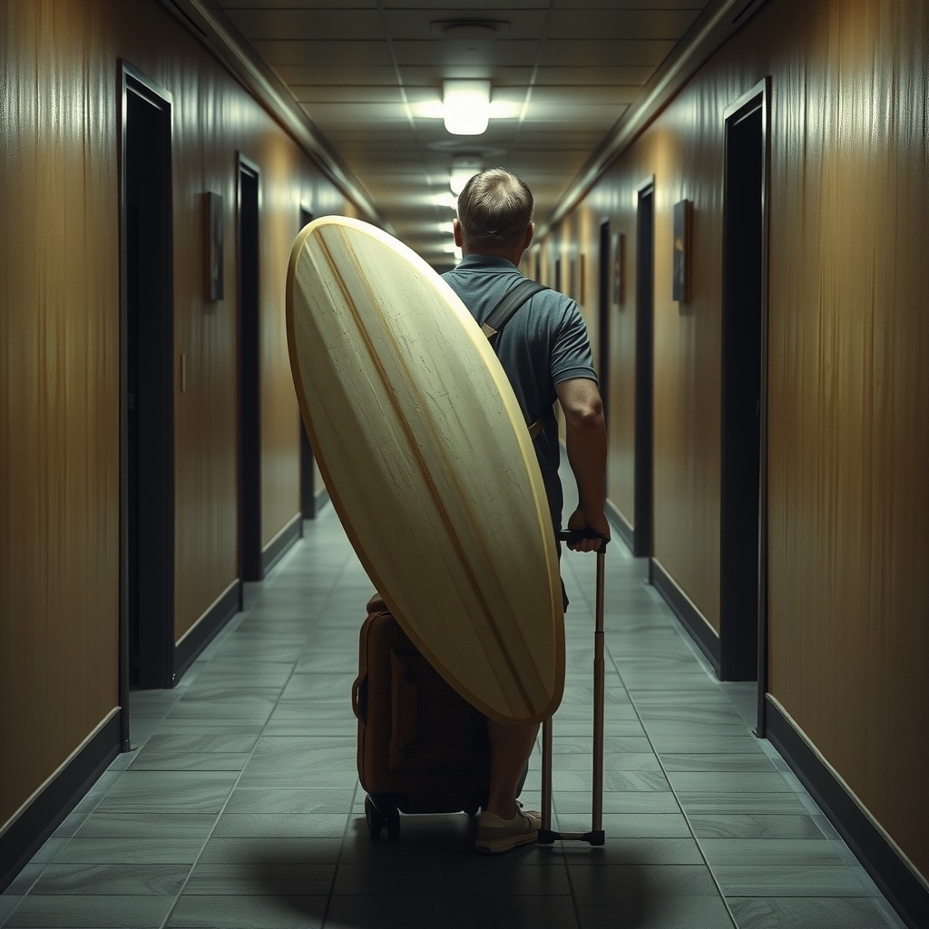 A tired traveler hauling a board bag and suitcase down a dim hostel corridor