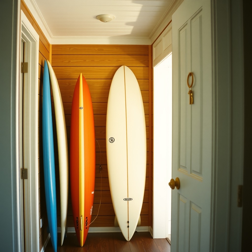 A beach house hallway with surfboards racked neatly on a wooden wall