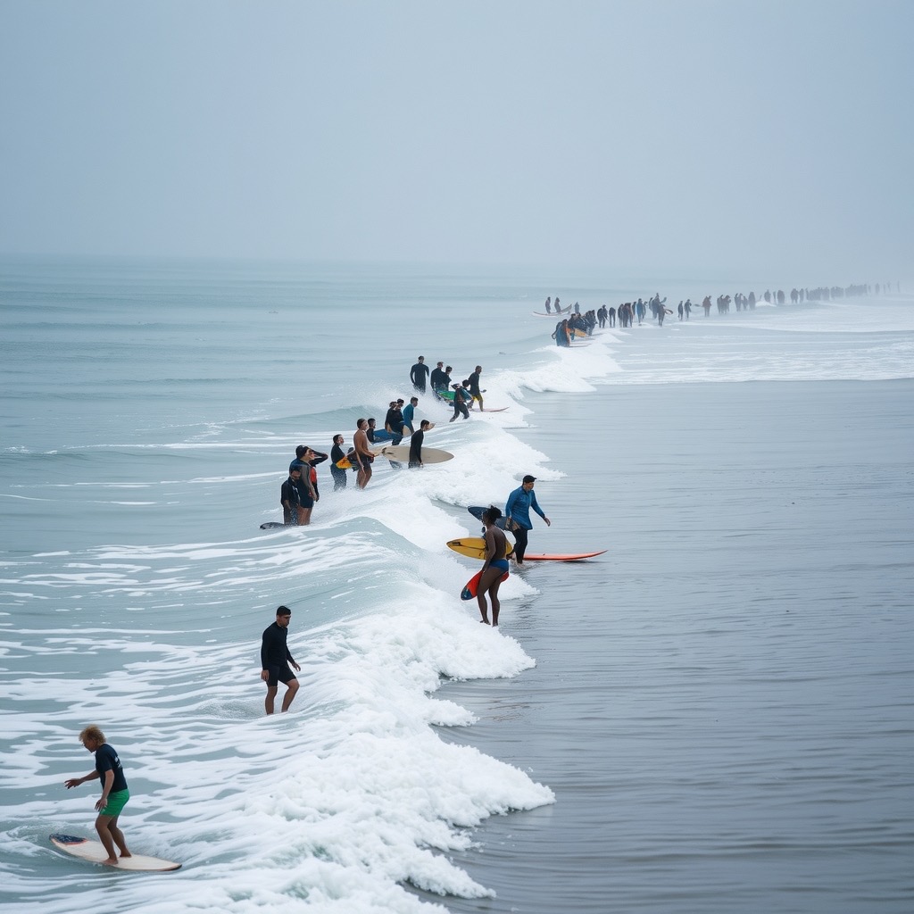 A crowded lineup of surfers waiting in small choppy waves under a gray sky