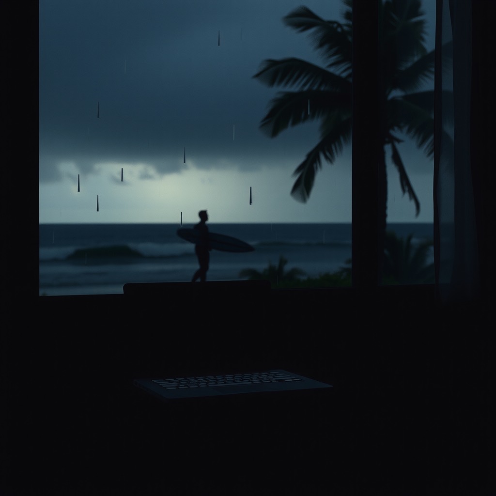 A dark room in a storm with a dead laptop and a surfer watching the rain
