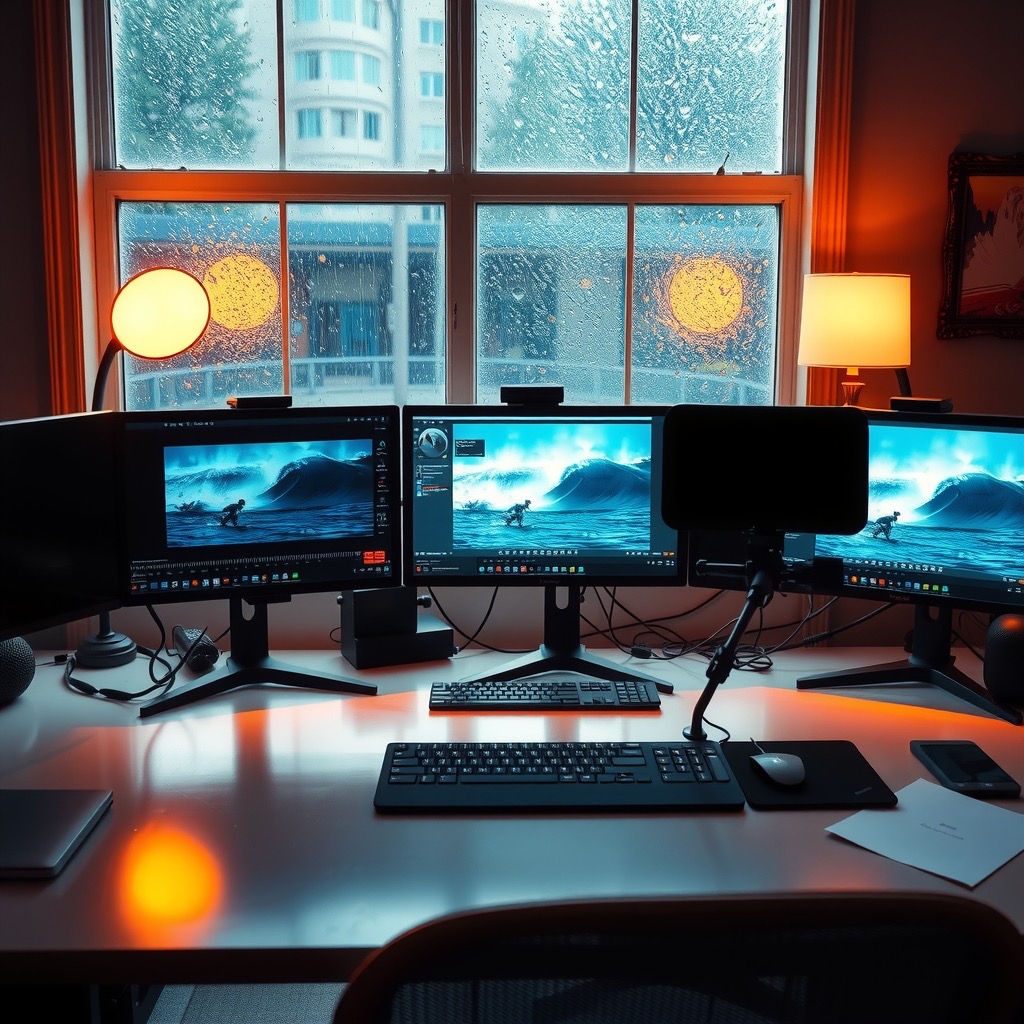 A bright editing desk with glowing monitors while rain falls outside