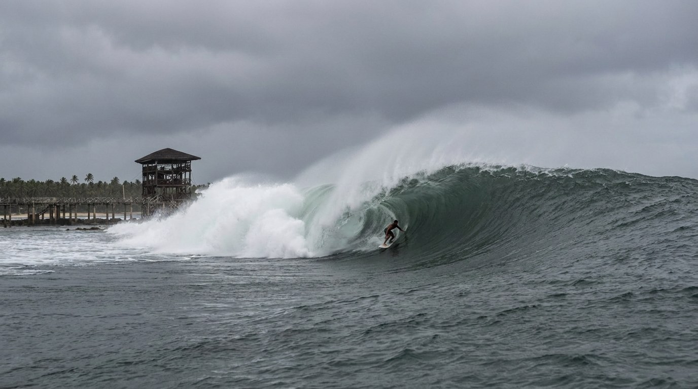 A surfer small against a thick storm-season barrel on an empty reef