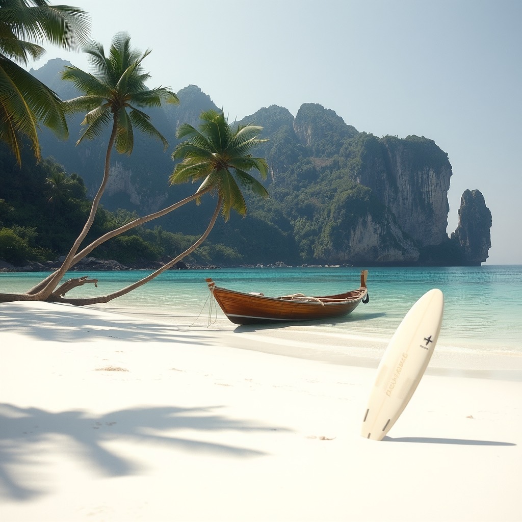 A flat calm Philippine beach with limestone cliffs, palm trees, and an unused surfboard in the sand