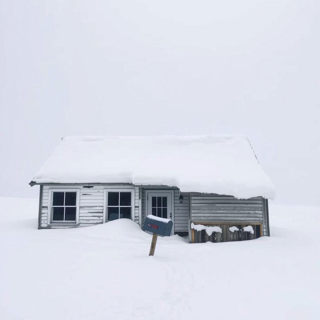 An abandoned cottage buried in deep snow with dark windows under a gray sky