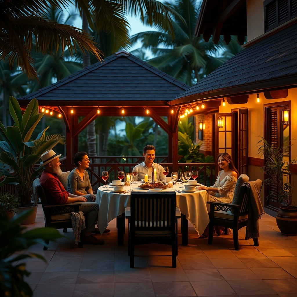 A warm tropical residence with friends dining on a candle-lit terrace