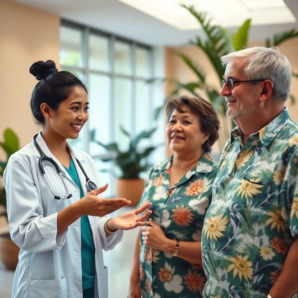A Filipina doctor warmly advising a retired American couple in a bright hospital lobby