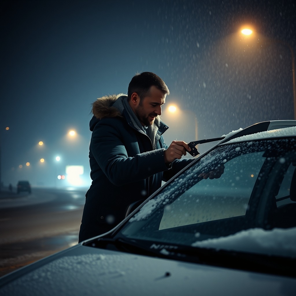 A man scraping ice off a windshield in the dark under falling sleet