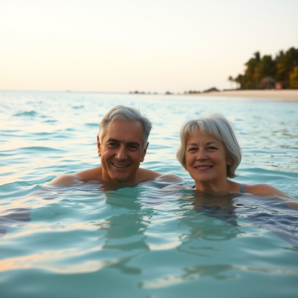 A silver-haired couple swimming in calm warm sea at sunrise
