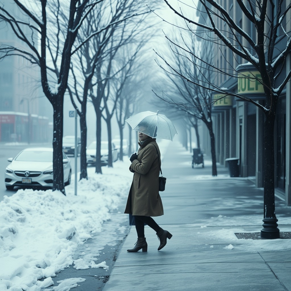 A person under an umbrella on a gray winter city street in sleet
