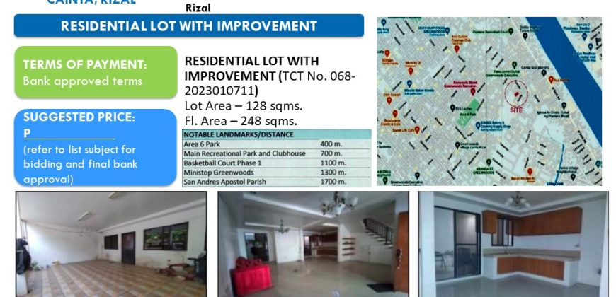 Foreclosed House and Lot in Rizal – Greenwoods Executive Village · Lot 14 Blk. 24 (Security Bank)